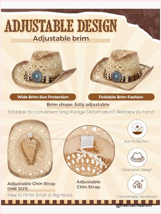 Straw Cowboy Hat Set with Shapeable Brim & Western Belts